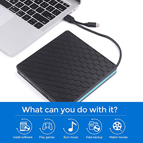 External CD Drive, Optical Drive with USB3.0 & Type-C for VCD/DVD/CD -ROM/ -R/ +R /-RW, CD Burner/Reader/Writer for Laptop/PC/Desktop/MacBook, Suitable for Windows/Linux/MAC OS [Not for Chromebook] - Thumbnail 2
