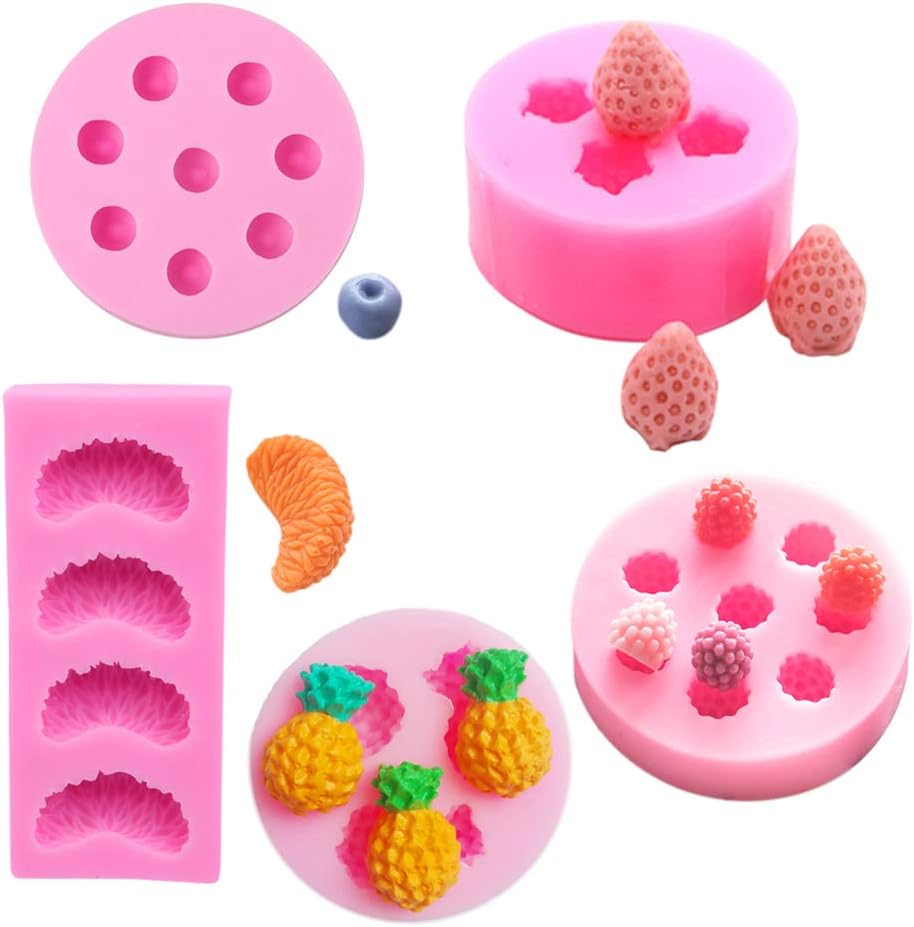 5 Pack Fruit Shape Silicone Molds Wax Soap Embeds Molds 3D Food Snacks Cupcake Jelly Molds Clay Candle Molds Mini Strawberry Raspberry Blueberry Pineapple Orange Silicone Slice Mold Cake Decoration
