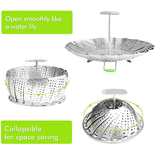 Vegetable Steamer Basket Stainless Steel Steamer Insert for Steaming Veggie Food Seafood Cooking, Metal Handle and Foldable Legs, Collapsible to Fit Various Pot Pressure Cooker, 5.3" Extends to 9.5"
