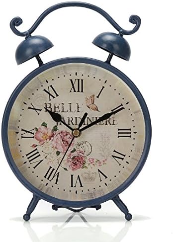 Chaomian Home Ornaments 9.6"x6.6" Handcrafted Metal Round Analog Silent Covered Quartz Desktop Clock with Handle,Glass on Front (Blue)