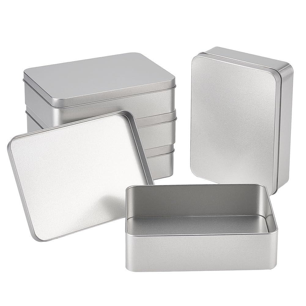 OLYCRAFT 5PCS Metal Empty Tins 14.5x10.6cm Inner Rectangle Airtight Metal Storage Tin Home Organizer Metal Rectangular Empty Hinged Tins Box with Lids for Small Items Storage