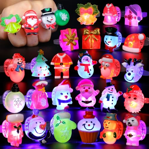 FLY2SKY Christmas Party Favors 25Pcs 3D LED Finger Lights for Kid & Adults Toys Light Up Rings Stocking Stuffers Party Favors Assorted Styles Gift Package No-Repeat Non Candy Gift New Version