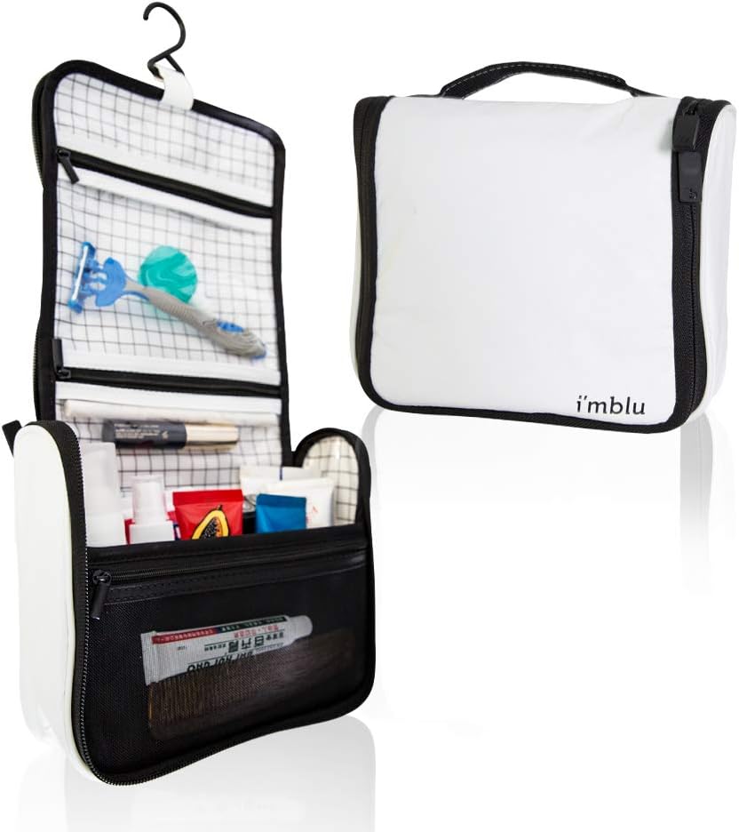 Travel Hanging Toiletry Bag for Women & Men - Stylish Small White Cosmetics, Makeup and Toiletries Organizer Kit with Water Resistant Dupont Tyvek,Plastic Sturdy Hook, Durable Zippers