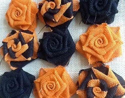 Set of 9 Burlap Flowers in Black, Orange and Swirl Halloween Fall Wreath Rustic Autumn Decor Table Centerpiece