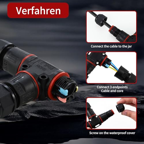 4 Pieces Electrical Connectors for Outdoor Cables IP68, Waterproof Junction Box, 3 Poles, Connector Pond Sleeve Diameter 5-12 mm, Suitable for Gardens, Outdoors, Floors, Roofs