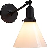 PERMO Industrial Vintage Slope Pole Wall Mount Single Sconce with Funnel Flared Milk White Glass Shade Wall Sconce Light Lamp
