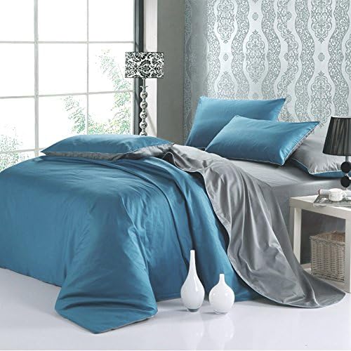 InfiniteS 3 Pieces Duvet Cover Set 100% Cotton Solid Color Soft and Breathable Quilt Cover Bedding Set Queen Size 3 pcs (1 Duvet Cover with 2 Pillow Shams ) (Blue+ Grey)
