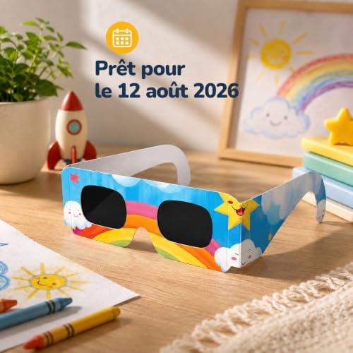 Lunettes Eclipse Solaire 2026 pour enfants – Lot de 10 Paires Premium avec 2 Filtres Solaires pour Smartphone, Lunettes Eclipse Solaire ISO 12312-2,CE Protection des Yeux pour l'Observation du Soleil