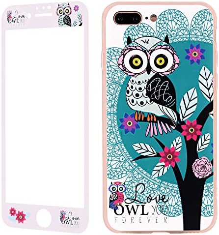 iPhone 7 Plus Case and Screen Protector, iPhone 8 Plus Case Animal, Wafly Silicone Shockproof Full Protective Back Cover Case+9H Tempered Glass Film for Apple iPhone 7 Plus/8 Plus 5.5"-Owl Colorful