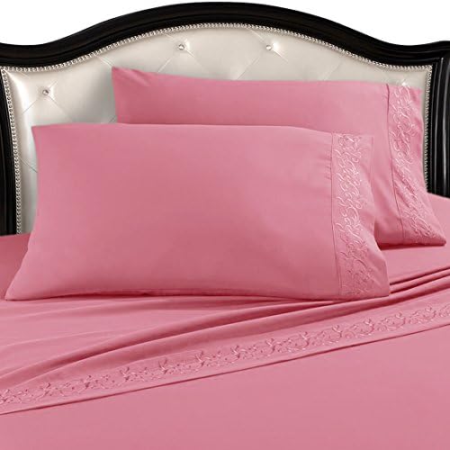 Luxurious Soft 100% Egyptian Embroidered Ivy Comfort Sheet 4pc Set Cal King Pink 1800 Series with Deep Pocket Sheet for Mattresses