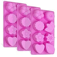 3 Pcs Silicone Molds, FineGood 8-Cavity Cake Chocolate Candy Pudding Jelly Soap Muffin Making Trays for Kitchen Baking, Flower, Leaf and Heart Shaped - Pink