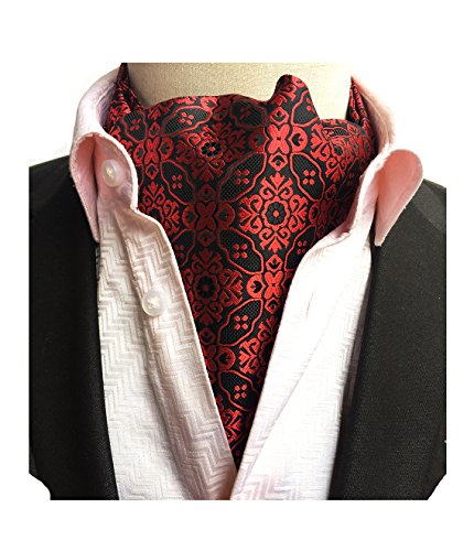 MENDENG Men's Black Red Floral Paisley Jacquard 100% Silk Self Cravat Tie Ascot
