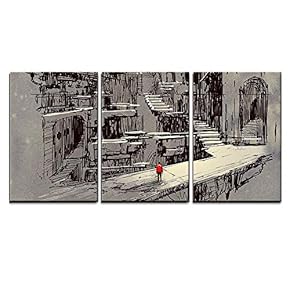 3 Piece Canvas Wall Art - Illustration - Sci-Fi Cityscape,Illustration Painting - Modern Home Art Stretched and Framed Ready to Hang - 16"x24"x3 Panels