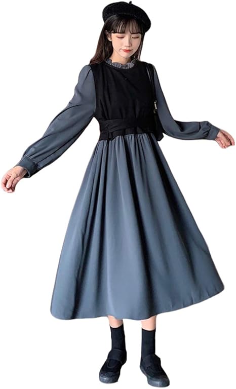 Amazon ｚｈｏｎｇｊｕｅ ワンピース レディース 秋冬 ロングワンピース 長袖 ドッキング 切り替え きれいめ フレアワンピース Aライン ロング丈 体型カバー マキシワンピース 可愛い 通勤 ブルー ワンピース チュニック 通販