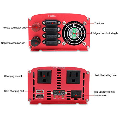 Yinleader Power Inverter 1500W/3000W(Peak) DC 12V to 110V AC with Dual AC Outlets and Dual 3.1A USB Ports for RV Caravan Truck Laptop iPad iPhone(Cables+ Replaceable Fuses)(Red)
