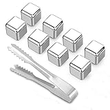 ROSIMO Whiskey Stones Stainless Steel Reusable Ice Cubes Chilling Rocks Wine Chillers with Freezing Storage Tray and Tongs for Whiskey Wine Beer Soda Drinks, Pack of 8