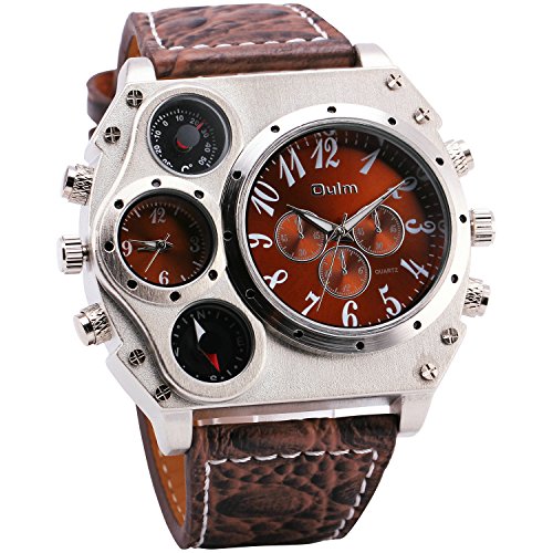 OULM-NEW-Mens-Military-Quartz-Wrist-Watch-Python-Grain-Brown-Leather-Strap-Compass-Thermometer-2-Time-Zone-Ton