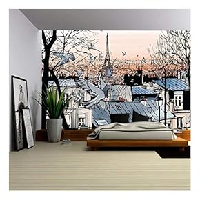 Vector - Montmartre in Paris with Eiffel Tower - Vector Illustration - Removable Wall Mural | Self-Adhesive Large Wallpaper - 66x96 inches
