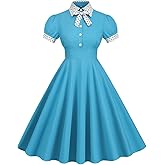 Women Short Sleeve Tie Neck Vintage Cocktail Party Dress Buttons Down 50s Flared A-Line Casual Office Work Prom Swing Dress