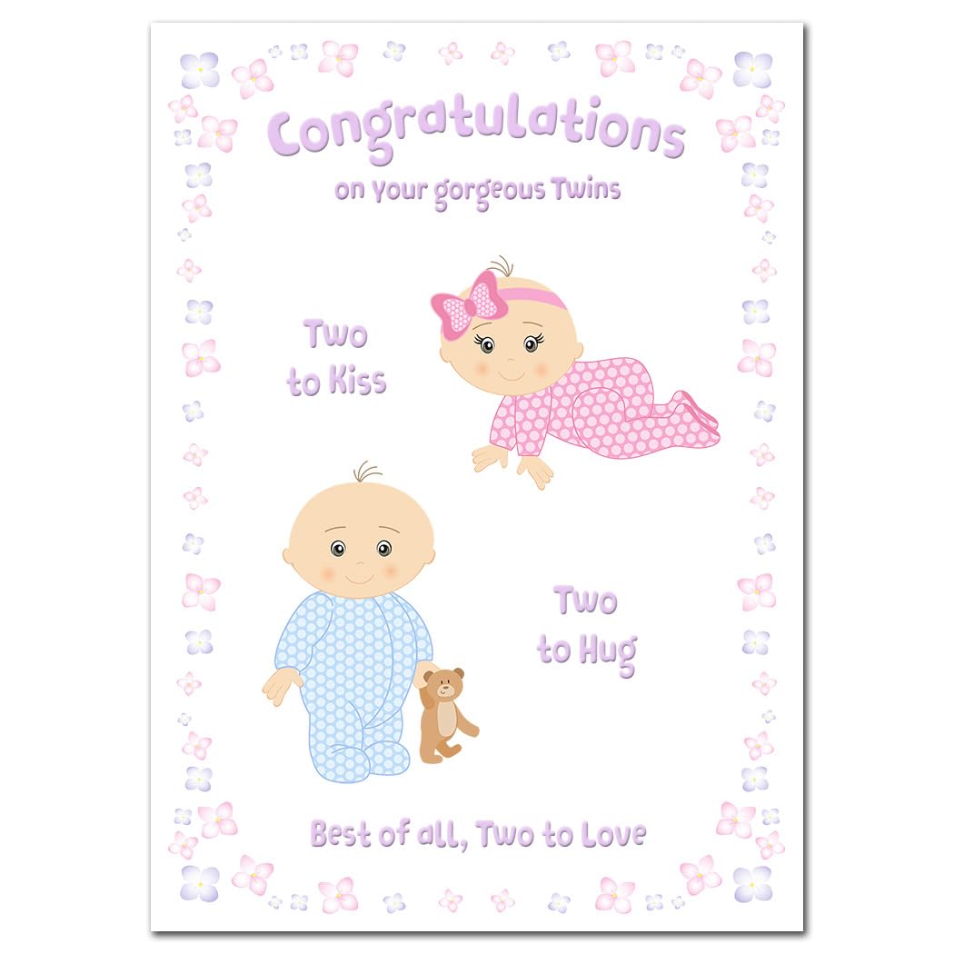 Extra Large Newborn Twins Birth Card - New Twin Baby Boy and Baby Girl Congrats - Congratulations on Birth Brother and Sister - A4 XL size - Quality Greeting Special Keepsake Wishes with Poem Verse