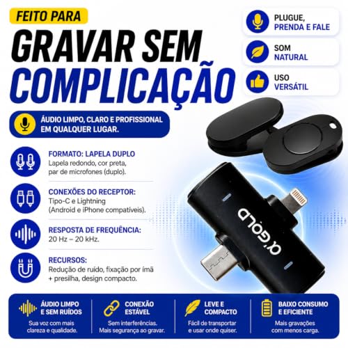 Microfone de Lapela Sem Fio Duplo USB-C e Lightning com Redução de Ruído