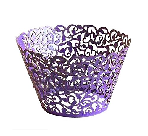Click Here to See More Images Elensan 50pcs Cupcake Wrapper Lace Laser Cut Filigree Cupcake Wraps Liner Baking Cup Holders Wedding Birthday Party Decor (Purple)
