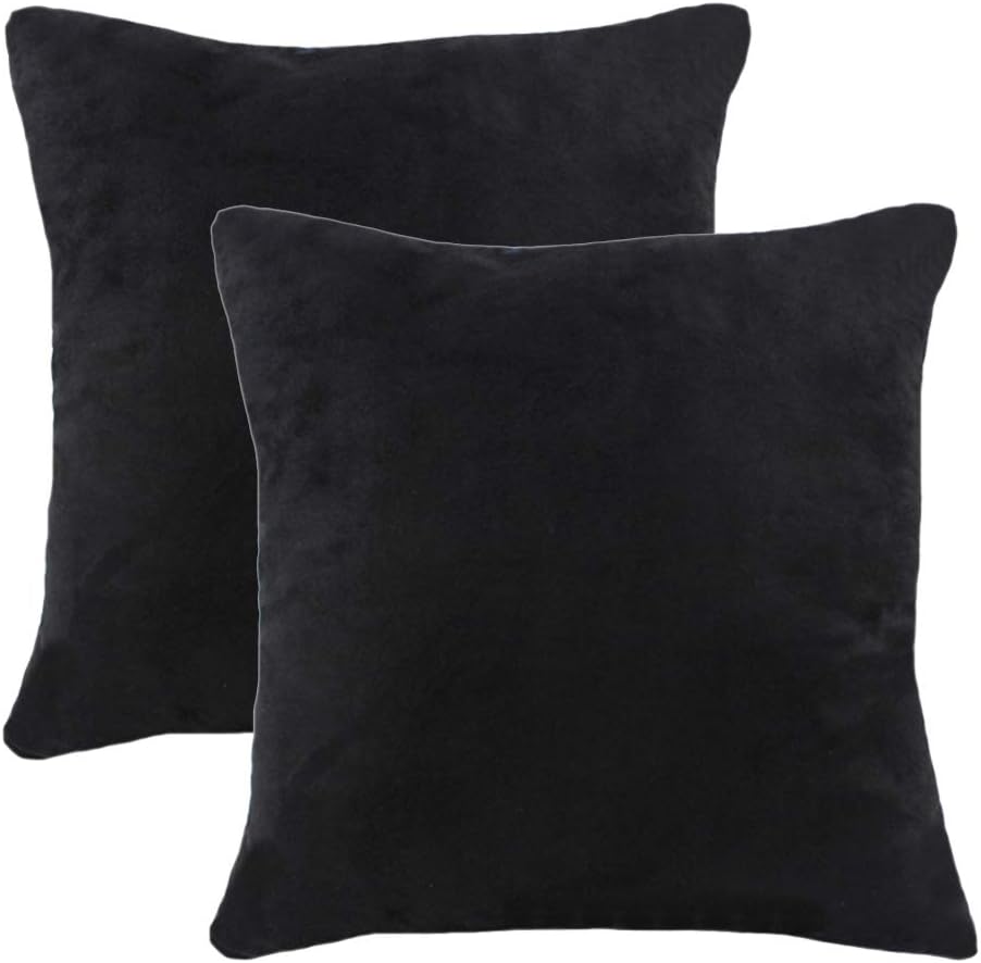 LINENLUX 2 Pack Velvet Soft Soild Decorative Square Throw Pillow Covers Set Cushion Case for Sofa Bedroom Car (Black, 18 x 18 Inch)