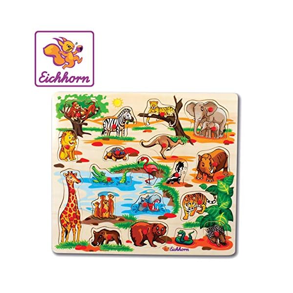 Eichhorn 100005454 - Plug-In-Puzzle 40x35cm mit 21-23 Plug-In-Teilen, Motive: Safari, Bauernhof, Verkehr, Lieferumfang 1 Stück, FSC 100% zertifiziertes Linden-Sperrholz, Sortierte Modelle