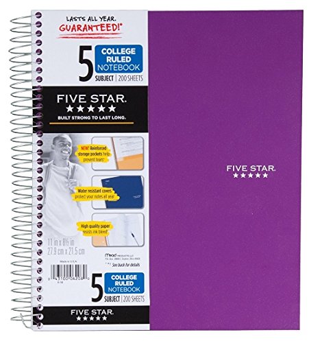 Five star spiral notebook, 5 subject, college ruled, 20…