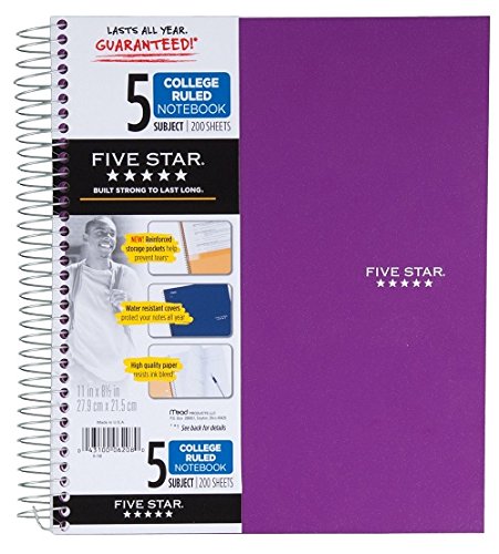 Five Star Spiral Notebook, 5 Subject, College Ruled, 200 Sheets, 11 x 8.5 Inch, 1 Notebook, Assorted Colors - Color May Vary (06208) Pack of 2