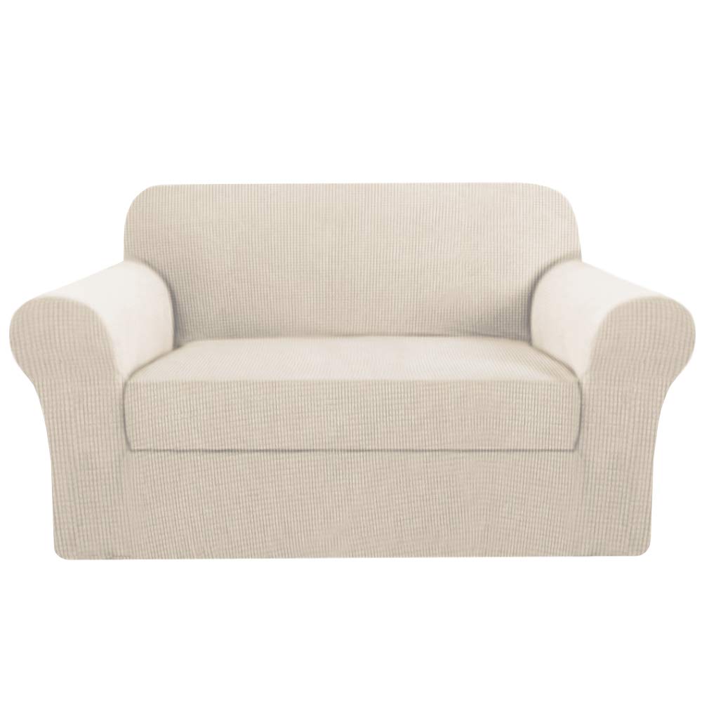 Photo 1 of H.VERSAILTEX Stretch Sofa Covers 2 Piece for 2 Cushion Couch Covers Sofa Slipcovers Furniture Covers Suit for T Cushion/Box Cushion Feature Deluxe Textured Jacquard - Loveseat, Ivory