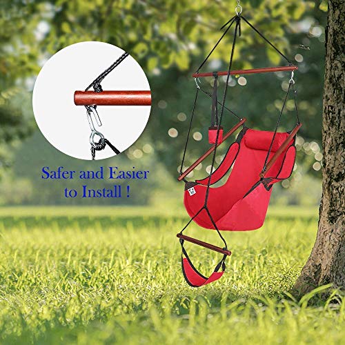 ONCLOUD Upgraded Unique Hammock Hanging Sky Chair, Air Deluxe Swing Seat with Rope Through The Bars Safer Relax with Fuller Pillow and Drink Holder Solid Wood Indoor/Outdoor Patio Yard 250LBS (Red) - Thumbnail 4