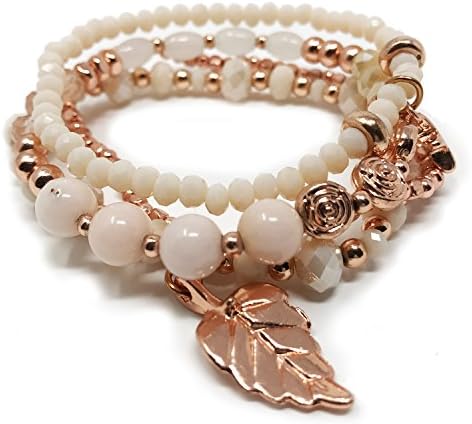 JADE POP - Women's Multicolored Beaded Stretch Stackable Chain Bracelet Set with Charm - Rose Gold