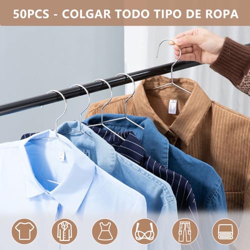 MXHIGO 50Pcs Ganchos para Ropa de Acero Inoxidable, 40CM Perchas para Ropa con Ranuras, Antióxido y Duradero, Ahorrar Espacio en el Ropero, para Pantalones, Vestidos, Camisa, Abrigos para Adultos