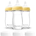 Numvim Natural Glass Baby Bottles Set, Gentle Medium Flow, Anti Colic Bottles for 3 + Months Breastfed Babies, 3 Packs (Yellow, 8oz)