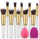 BEAKEY Makeup Brush Set, Premium Synthetic Kabuki Foundation Face Powder Blush Eyeshadow Makeup Brush Kit with Blender Sponge and Brush Cleaner (10+2pcs,GOLDEN-WHITE)