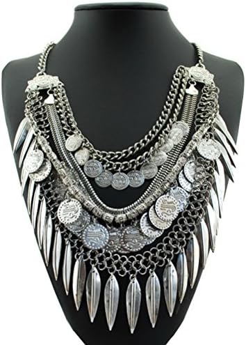 Coogain Statement Necklace Leaf Coin Bohemian Chain Tassel Collar Necklaces Silver Tone