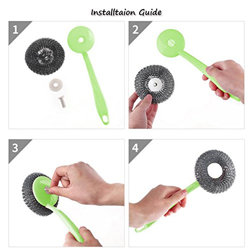 hothuimin Stainless Steel Scourer Scrub Pad with Plastic Handle Cleaning Brush Stainless Steel&Plastic Wire Scrubbers1 Handle 8Pcs of Scouring/Cleaning Steel Wire Balls#19-QJQ-G - Thumbnail 4