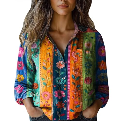 Womens Blouse Shirt Long Sleeve Cotton Tops Bohemian Casual Tunic Tops Vintage Button Down Shirts Oversized Floral Blouse Boho Loose Fit Dressy Spring Summer Plus Size Tee Shirts