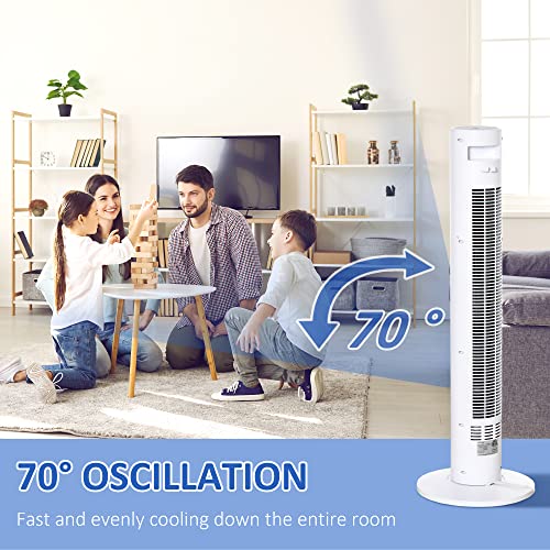 HOMCOM Freestanding Tower Fan Cooling for Home Bedroom with Oscillating, 4 Modes, 3 Speeds, 12h Timer, LED Sensor Panel, Remote Controller, White