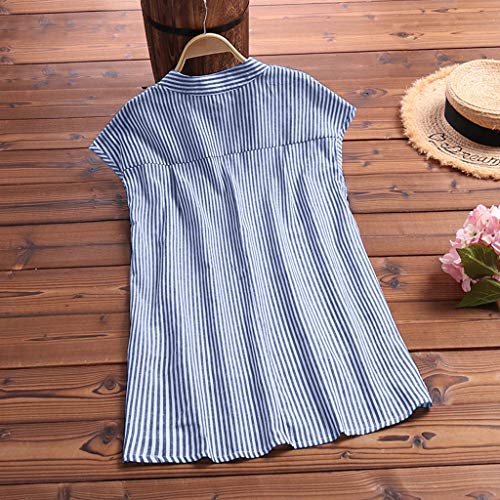 Kawaiine Women Plus Size Casual Stripe Print Tank Shirt Button Pocket Sleeveless Tops Dark Blue