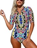 Sidefeel Women Abstract Print Zip Front Half Sleeve One Piece Swimsuit Large Multicolor