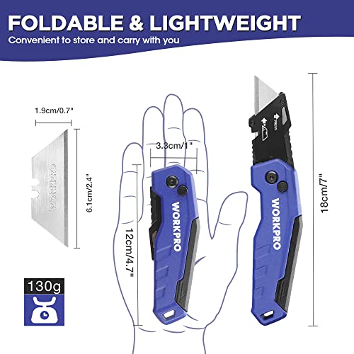 WORKPRO Folding Utility Knife, Quick Change Box Cutter, Razor Knife for Cartons, Cardboard, Boxes, Blade Storage in Handle, 13 Extra Blades Included (Blue)