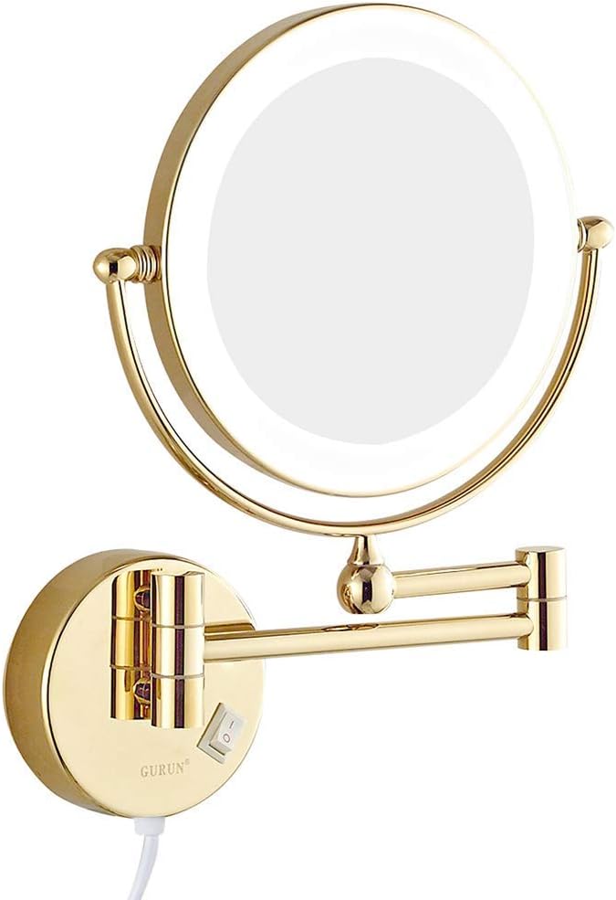 Bathroom LED Wall Mounted Makeup Mirrors, 8 inch Double Sided Brass