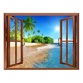 Beautiful Landscape of Palm Tree on The Beach and Clear Sea View from Inside a Window Removable Wall Sticker/Wall Mural - 24"x32"