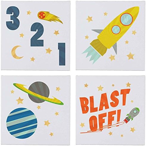 RoomCraft Set of 4 Rocketship Wall Canvases 12x12 Inch Square Outer Space Wall Accents