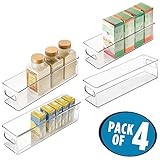 mDesign Slim Plastic Stackable Food Storage Container Bin with Handles for Kitchen, Pantry, Cabinet, Fridge, Freezer - Long Narrow Organizer Holds Snacks, Produce, Vegetables, Pasta - 4 Pack - Clear