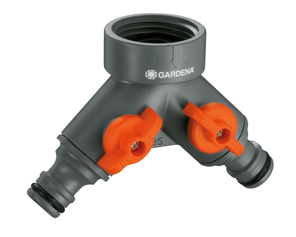 Gardena 2-Way Valve: Water Distributor for Faucet with 33.3 mm (G 1 inch) - Thread, for simultaneous Connection of Two Devices, Both outputs Adjustable (940-20)
