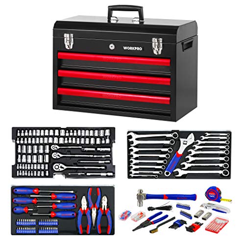 WORKPRO Juego de herramientas mecánicas de 408 piezas con caja de metal resistente de 3 cajones (W009044A) WORKPRO Juego de herramientas mecánicas de 408 piezas con caja de metal resistente de 3 cajones (W009044A)