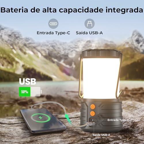 Tobeape Lampião LED Recarregável 5000mAh, Lanterna Camping e Acampamento com 3 Cores de Luz, IP65 à Prova d’Água, Luz de Emergência Portátil para Falta de Energia, Barraca, Pesca e Trilha, Kit com 2